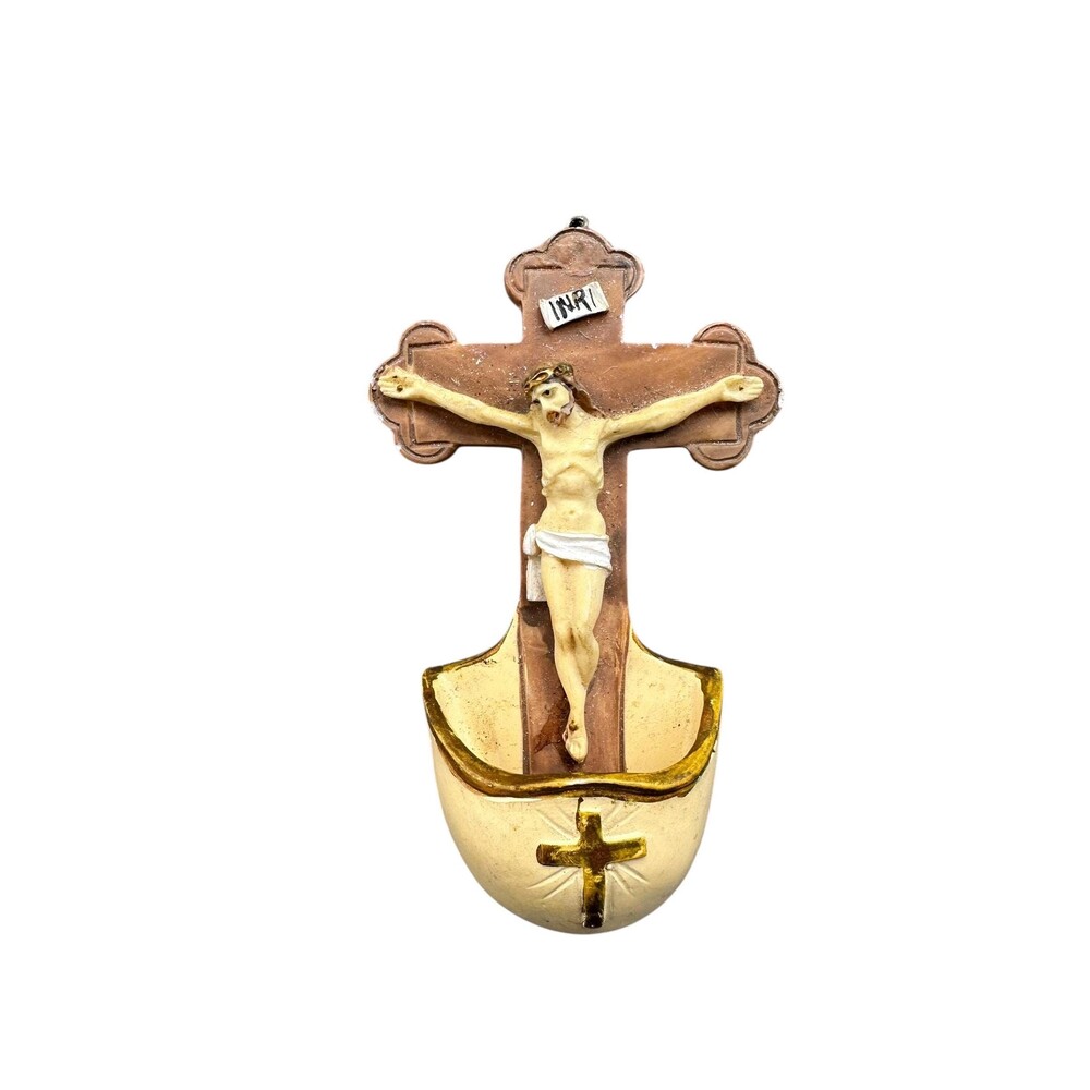 Religious French catholic Holy water font stoup cross crucifix of Holy Jesus